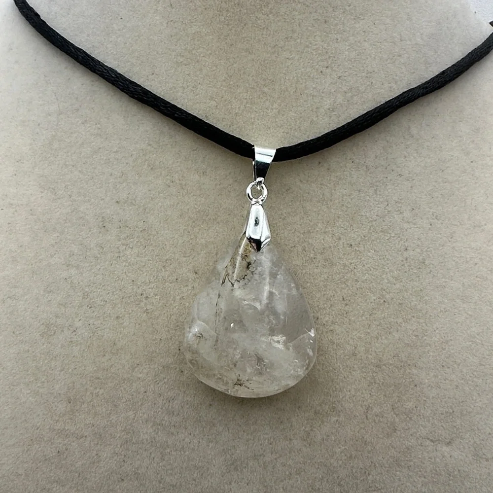 Dendritic Quartz Teardrop Pendant Necklace on Black Satin Tope